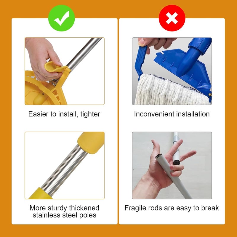 Pragmatist Mop Handle, 61" Wet Mops Heavy Duty Loop-end String Mop Head Surface Floor Cleaner with Stainless Steel Hard Pole Commercial Industrial Grade Mop 2 Pack - Image 4